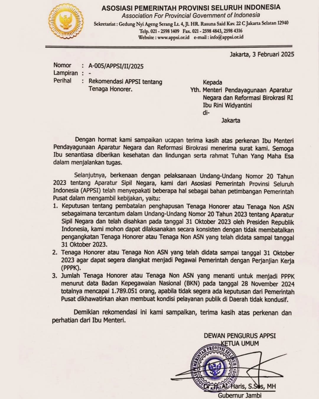 Perjuangkan Honorer se- Indonesia, Gubernur Al Haris Surati Menpan RB